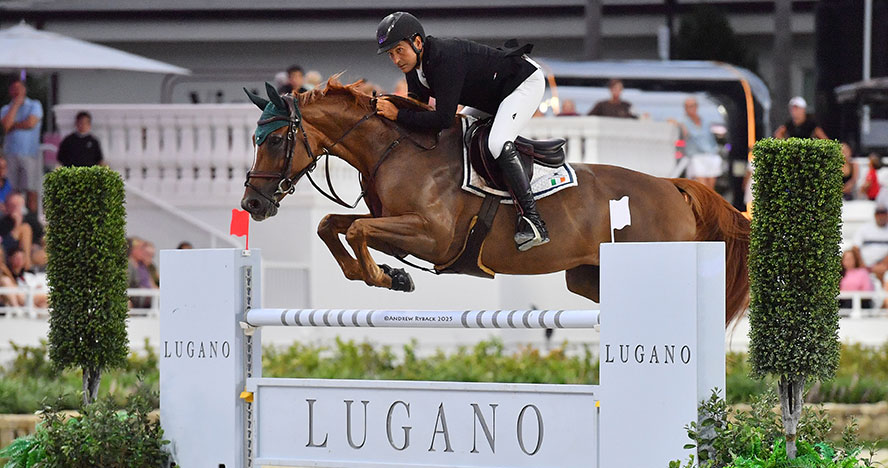 Equestrian Robert Blanchette and horse jump at World Equestrian Center Ocala