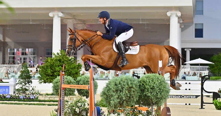 Equestrian Luis Pedro Biraben and horse jump at World Equestrian Center Ocala