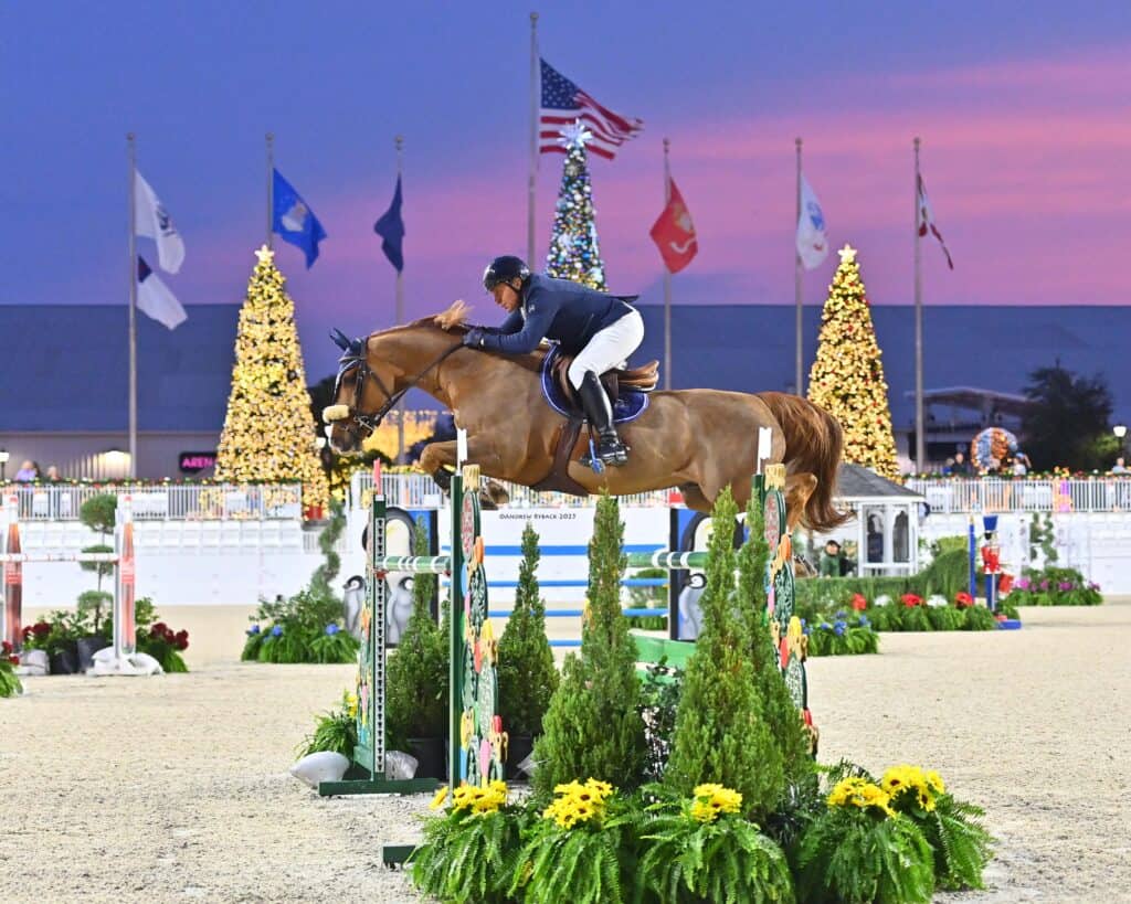 A rider on a brown horse jumps over an obstacle at an outdoor equestrian event, with flags and decorated Christmas trees in the background at dusk.