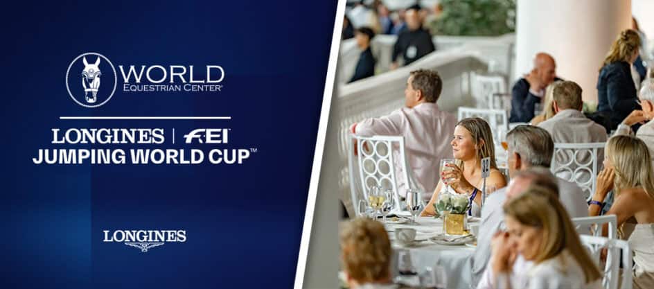 A promotional image for the Longines FEI Jumping World Cup at the World Equestrian Center, showing people seated at tables watching the event.