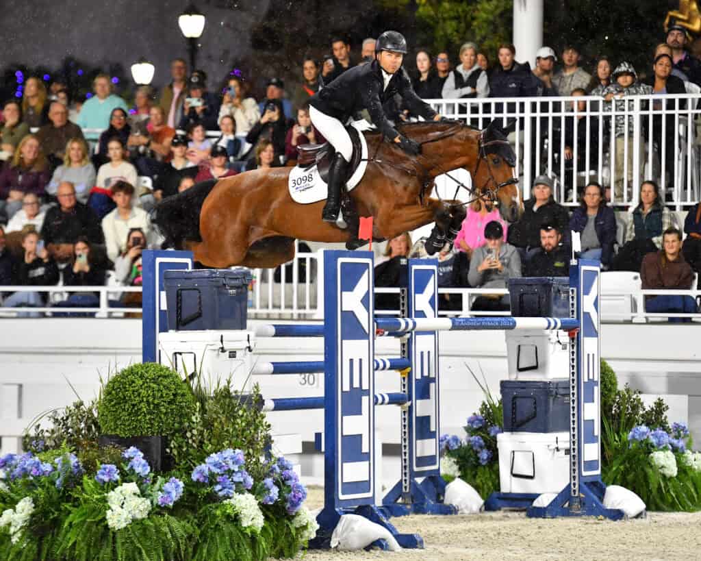 Equestrian rider and horse jump over a blue and white obstacle in a show jumping competition, with a crowd of spectators watching in the background.