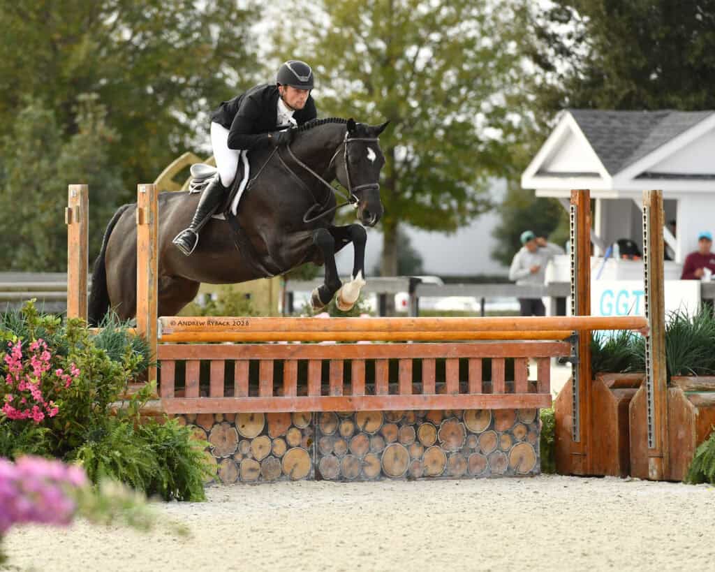 A rider in formal equestrian attire guides a black horse over a wooden jump during an outdoor horse jumping competition.