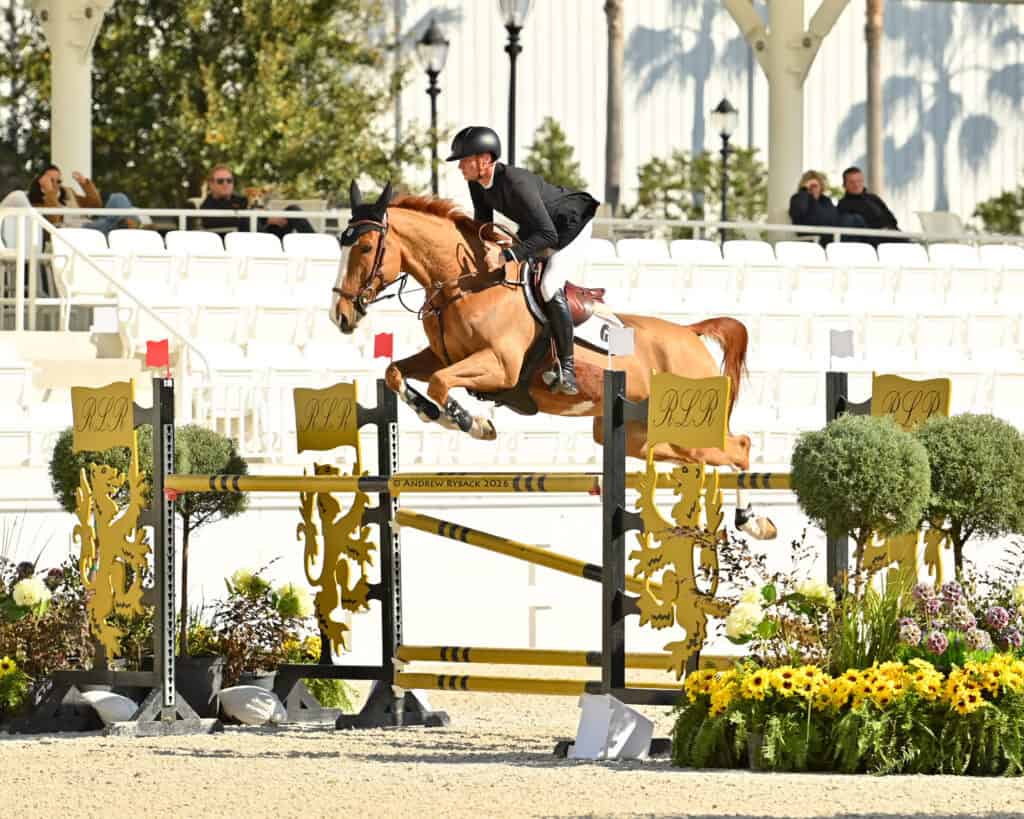 A rider in a black jacket and helmet jumps a chestnut horse over a yellow and black obstacle at an outdoor equestrian event with empty white bleachers in the background.