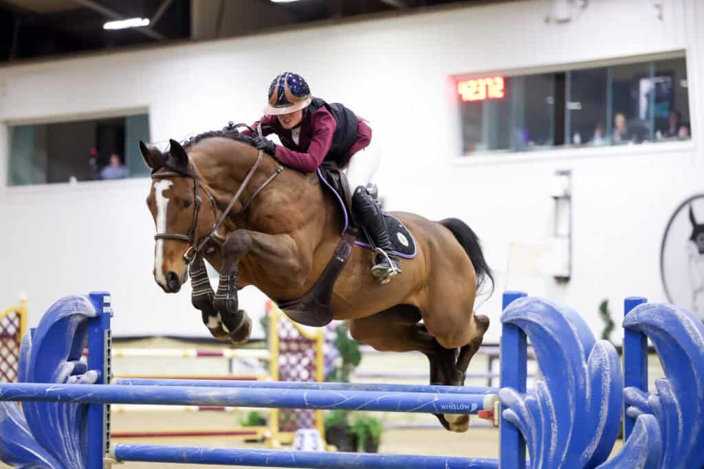 A rider in maroon attire and helmet guides a brown horse over a blue jump obstacle during an indoor equestrian show jumping event.