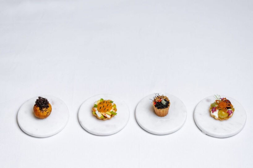 Four assorted gourmet appetizers are displayed on separate round white marble plates, spaced evenly in a row on a plain white surface.