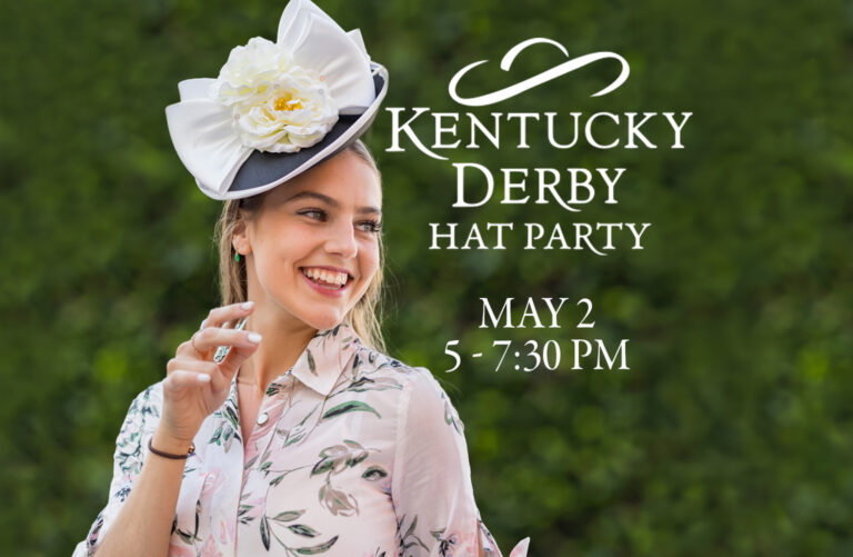 Smiling woman in a floral dress and large hat stands outdoors. Text reads: 