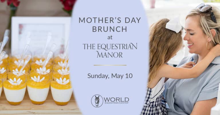 Mother and daughter embracing and smiling next to a display of dessert cups, with text promoting a Mother's Day brunch at The Equestrian Manor on Sunday, May 10.