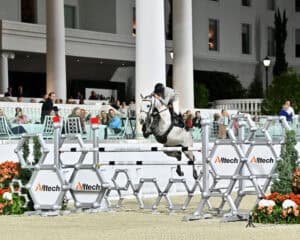 A rider on a white horse jumps over a barrier marked 