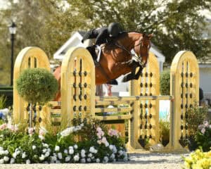 A rider in equestrian attire guides a horse over a yellow show jumping obstacle surrounded by flowers during a competition.