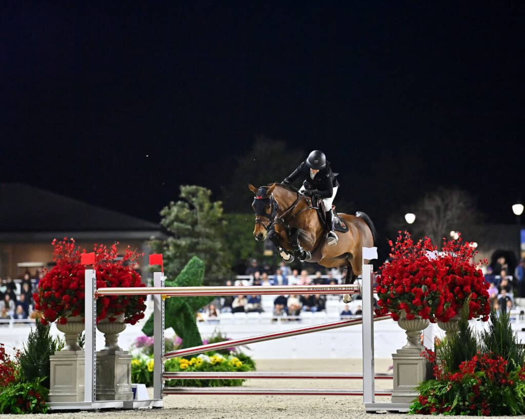 A rider on a horse jumps over a red and white obstacle during a nighttime equestrian event, with red flowers in the foreground and spectators in the background.