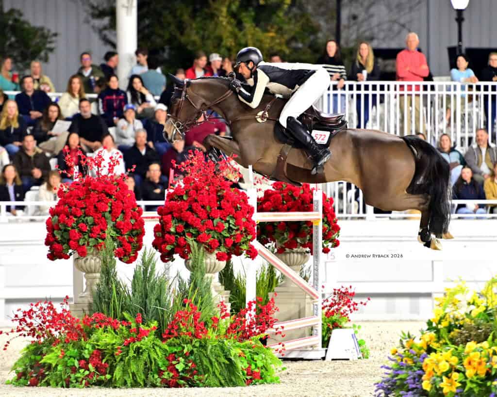 A rider wearing black and white jumps a brown horse over a red flower-decorated obstacle in front of a seated audience at an equestrian event.