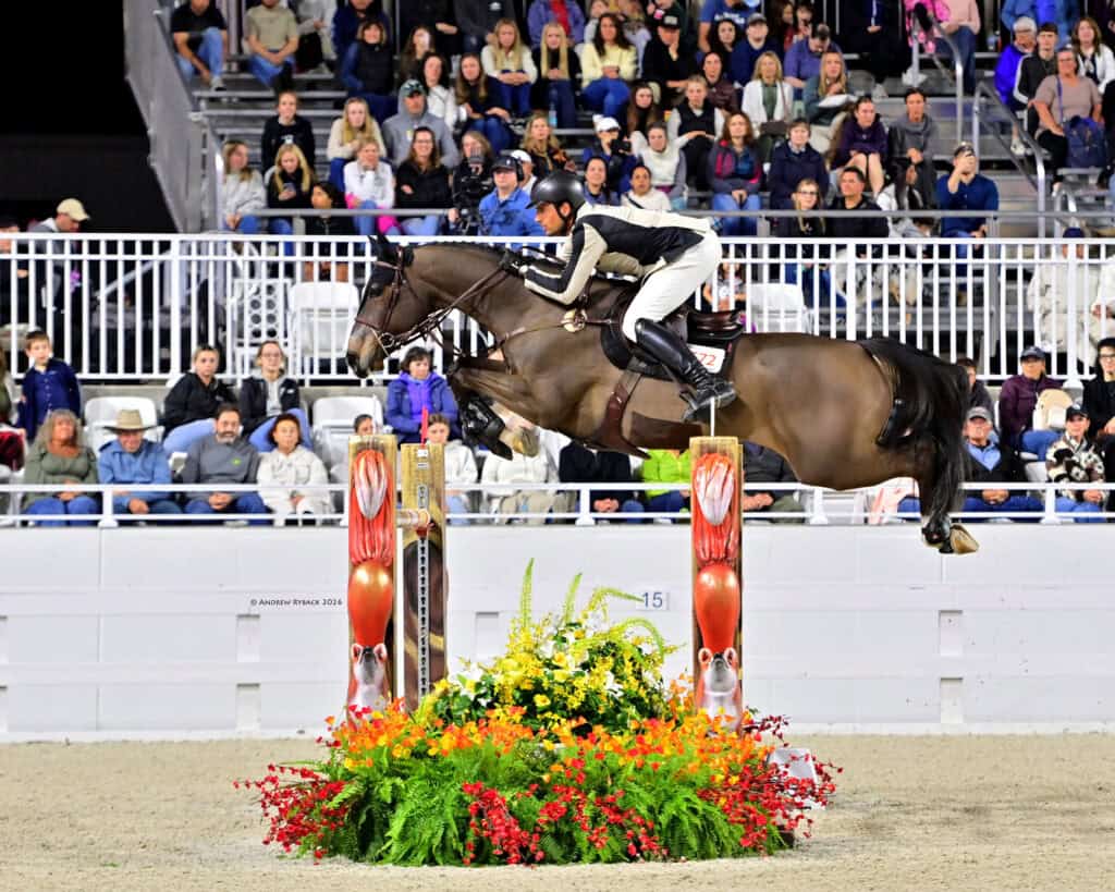 A rider on a horse jumps over an obstacle decorated with flowers during an equestrian event, with spectators watching from the stands.
