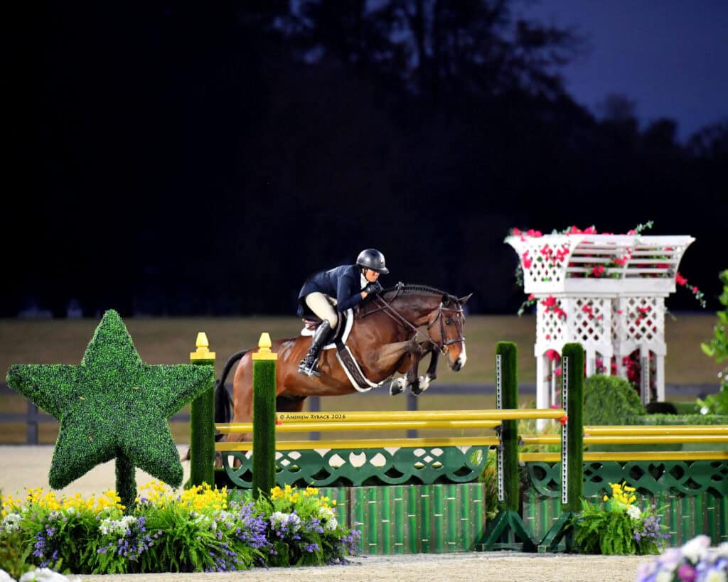 A person on horseback jumps over a yellow and green fence in an outdoor equestrian arena, with plants and decorative structures in the background.
