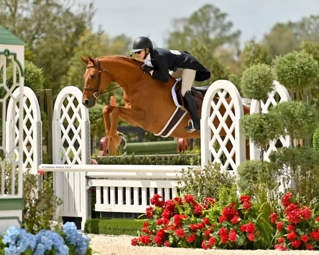 A rider on a chestnut horse jumps over a white fence during an equestrian event, with flowers and greenery in the foreground.