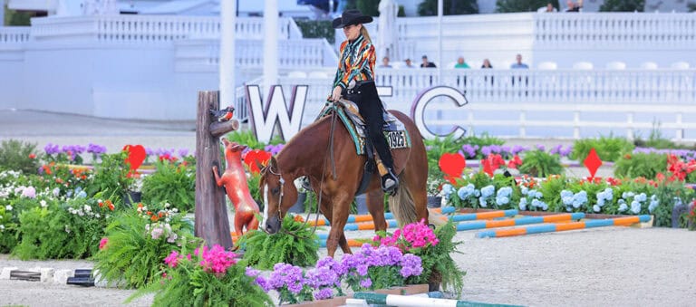A rider in a colorful western outfit guides a horse through an obstacle course decorated with flowers, greenery, and animal figures at an equestrian event.