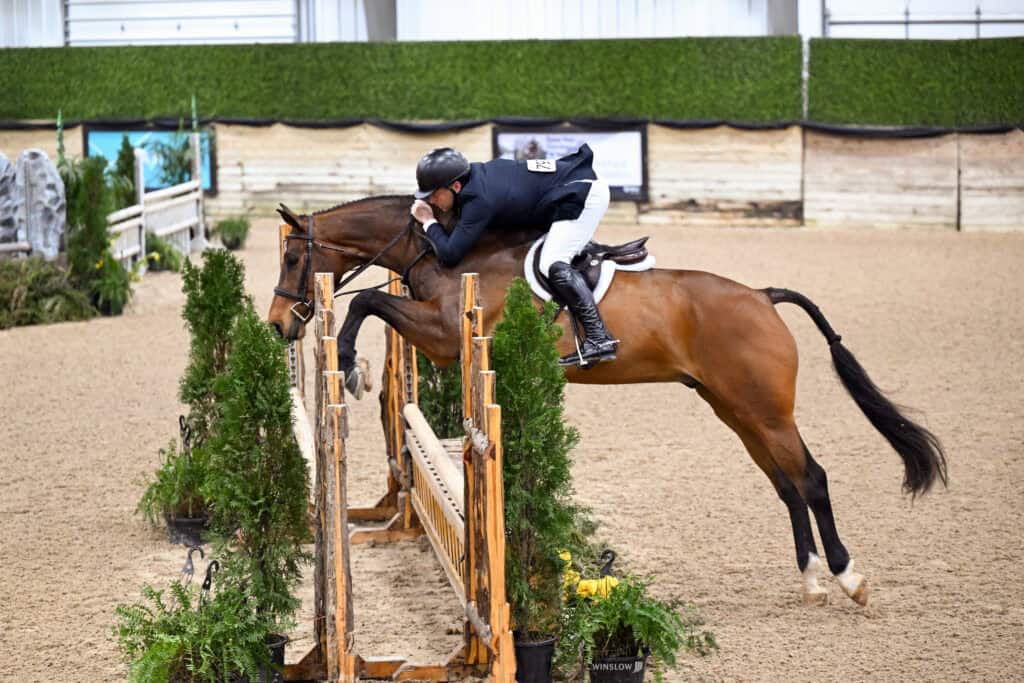 A rider in formal equestrian attire guides a horse over a wooden jump during an indoor show jumping competition.