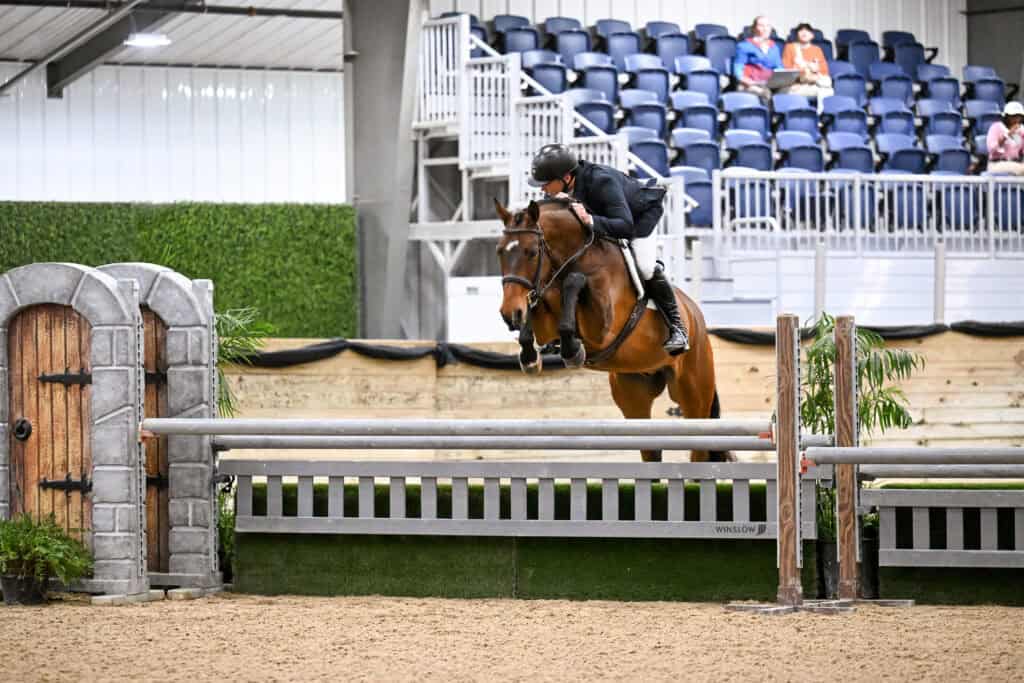 A rider on a horse jumps over a fence in an indoor equestrian arena, with empty blue seats and a few spectators in the background.