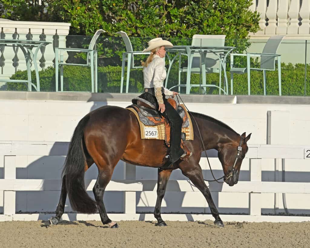 A rider in show attire and a cowboy hat guides a bay horse with saddle and bridle in a sandy arena near white fences and empty outdoor seating.