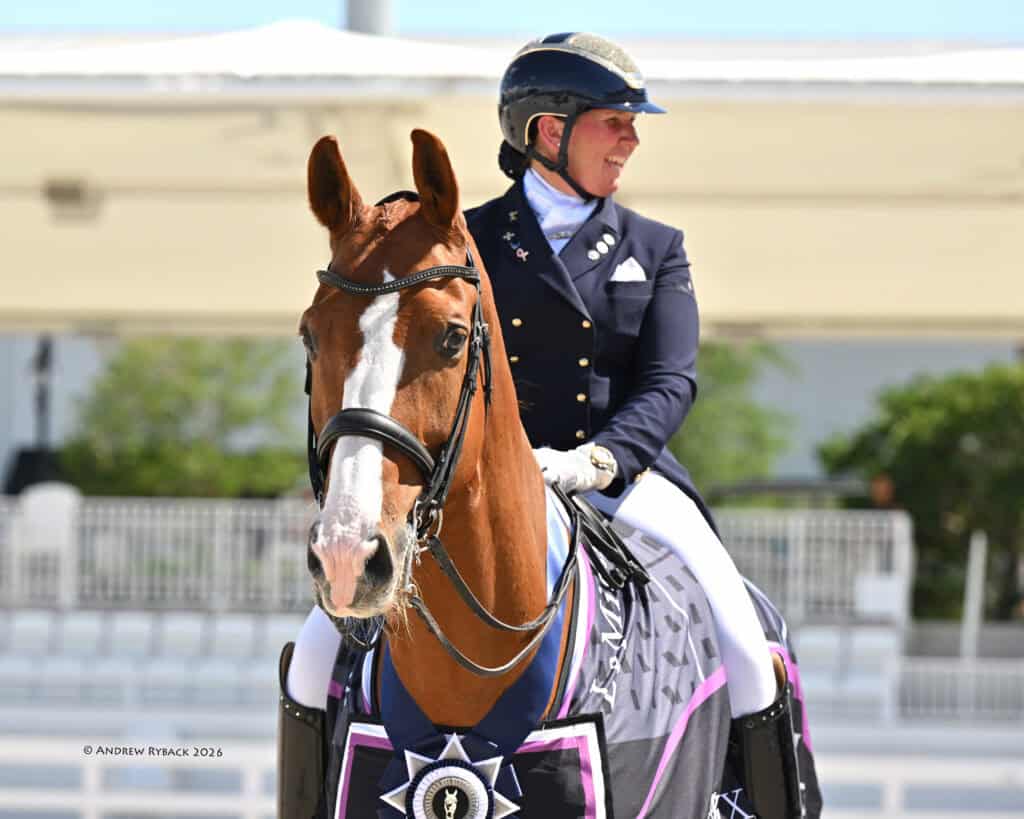 A person in formal riding attire is seated on a chestnut horse with a white blaze, both displaying medals and decorative ribbons at an equestrian event.