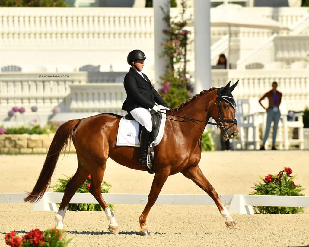 A person in formal riding attire sits on a brown horse performing a dressage routine in an outdoor arena with white fencing and classical architecture in the background.