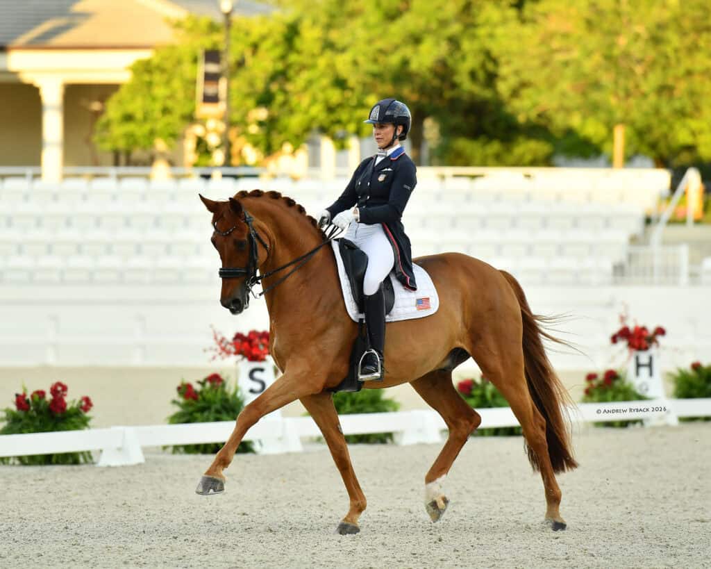 A rider in formal equestrian attire guides a chestnut horse through a dressage routine in an outdoor arena with empty white seating in the background.