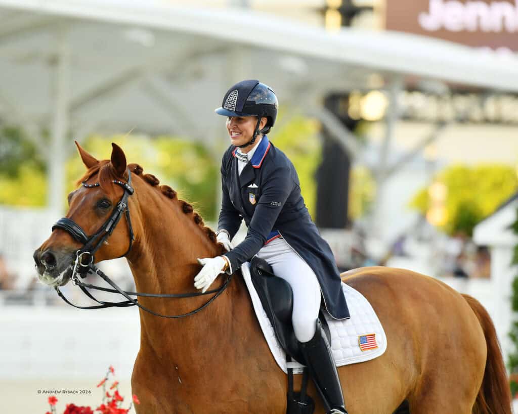 A person in equestrian attire rides a chestnut horse during a dressage event, both appearing calm and focused.