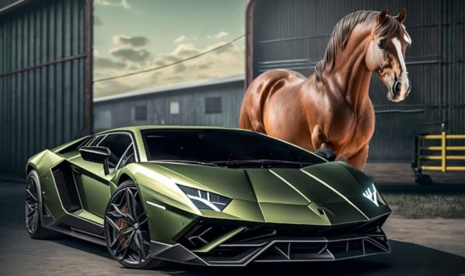 A green sports car is parked in front of a large brown horse, with industrial buildings and cloudy skies in the background.