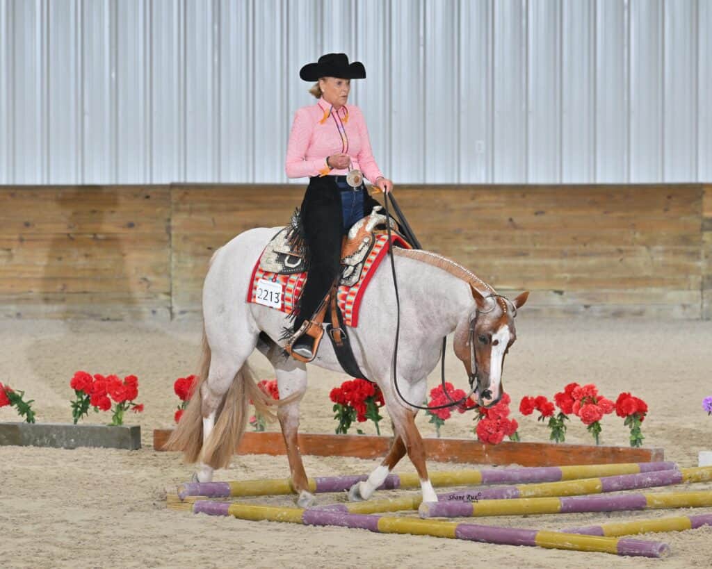 A person in a pink shirt and black hat rides a horse through a pattern of yellow and purple poles in an indoor arena with red flower decorations.