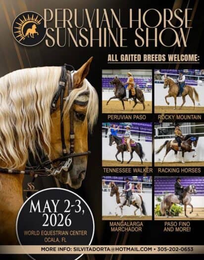 Promotional poster for the Peruvian Horse Sunshine Show, May 2-3, 2026, Ocala, FL, featuring various gaited horse breeds with event details.