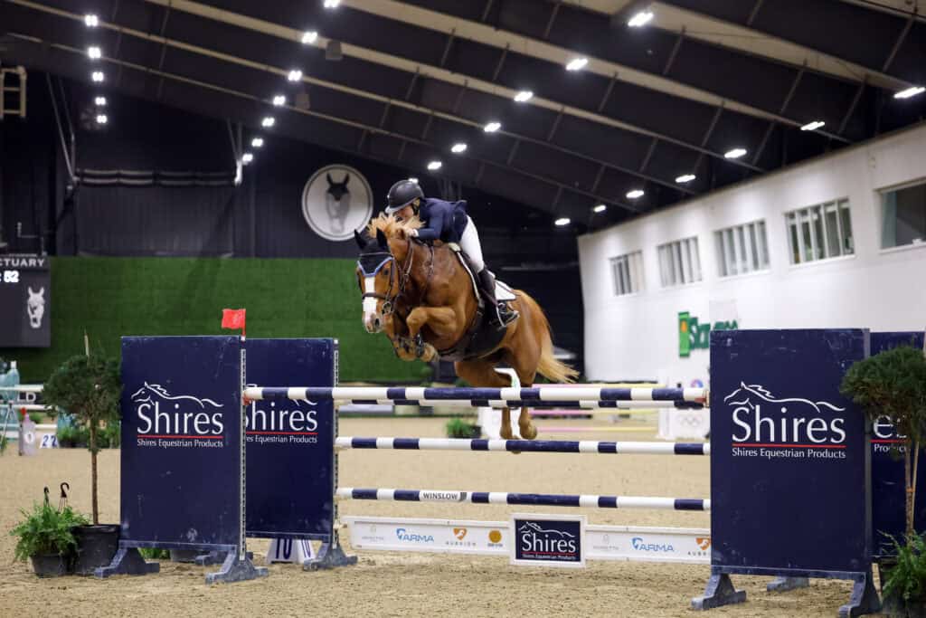 A rider on a chestnut horse is mid-jump over an obstacle during an indoor equestrian show jumping competition.