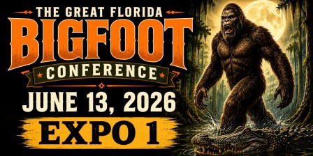 Poster for The Great Florida Bigfoot Conference on June 13, 2026, featuring an illustration of Bigfoot in a swamp next to an alligator, with 
