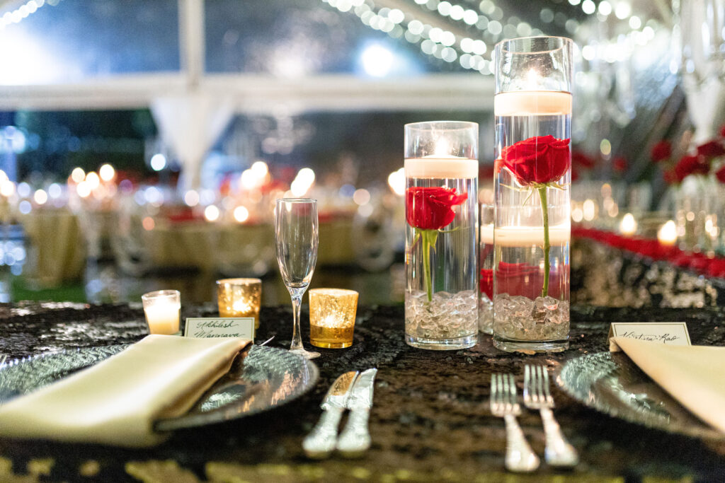 A table setting for a wedding at The Equestrian Hotel. 