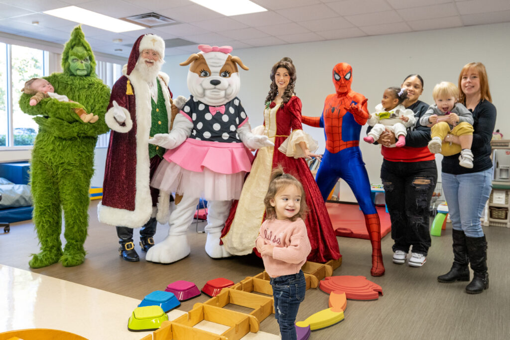 WEC Winter Wonderland characters and mascots visit AdventHealth Pediatric Rehab