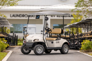 Golf cart in front of building