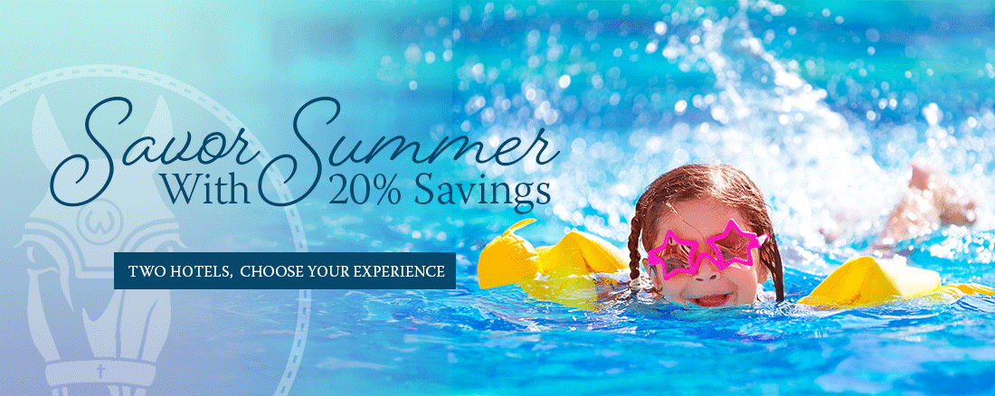 Girl in a pool with Summer hotel offer for 20% off stay