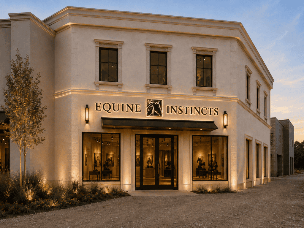 The exterior of a building labeled “Equine Instincts” above the entrance, with horse sculptures visible through the large front windows.