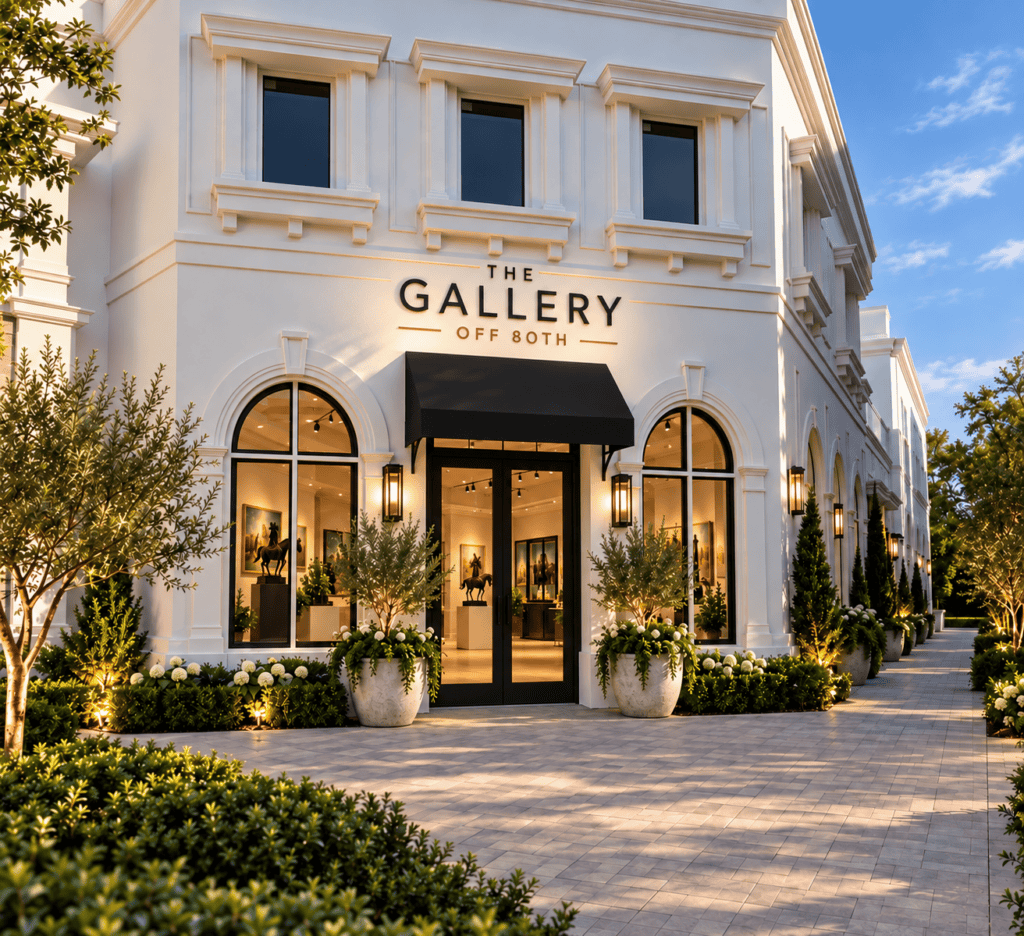 The exterior of a white building with black-framed windows and doors, featuring signage that reads “The Gallery Off 80th” above the entrance.