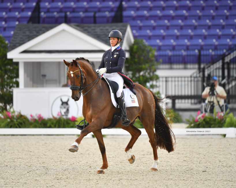 Exhibitor participating in a dressage event.