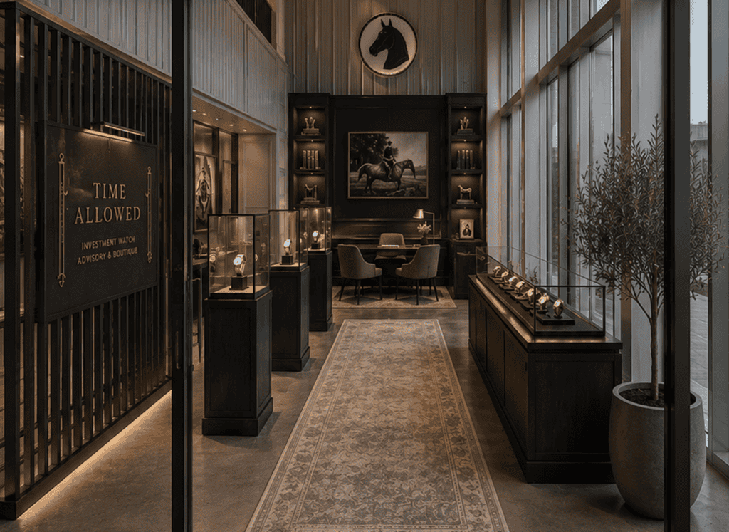 Interior of a watch boutique with displays, a central aisle with a runner rug, and a sign reading “Time Allowed: Investment Watch Advisory & Boutique.”