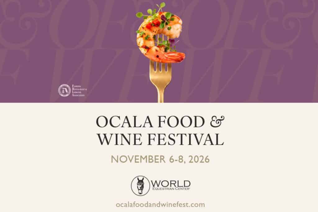 A shrimp with garnish on a fork above text promoting the Ocala Food & Wine Festival at the World Equestrian Center, November 6-8, 2026.