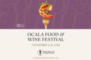 A shrimp with garnish on a fork above text promoting the Ocala Food & Wine Festival at the World Equestrian Center, November 6-8, 2026.