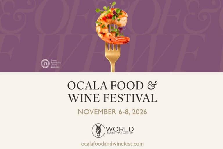 A shrimp with garnish on a fork above text promoting the Ocala Food & Wine Festival at the World Equestrian Center, November 6-8, 2026.