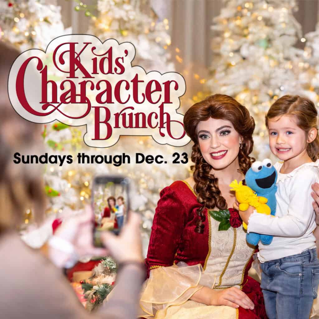 A woman in a princess costume poses with a smiling child holding a Cookie Monster toy. Another person takes their photo. Text advertises “Kids’ Character Brunch” on Sundays through Dec. 23.
