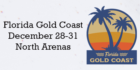 Florida Gold Coast event advertised for December 28-31 at North Arenas, with a logo featuring palm trees and a sunset.