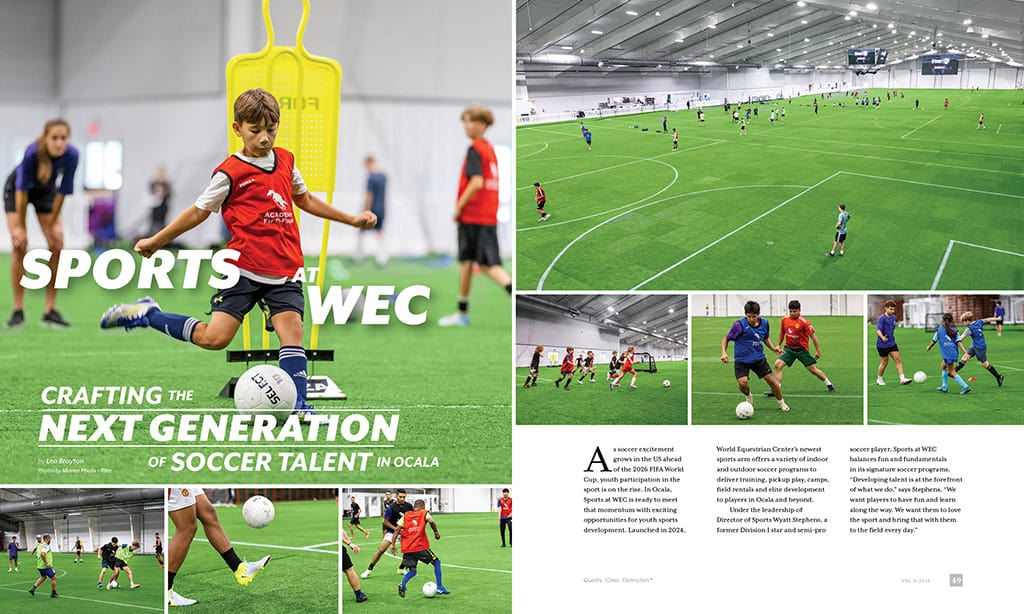 A youth soccer player kicks a ball indoors on artificial turf; nearby, other children practice; additional images show various soccer activities inside a large indoor sports facility.