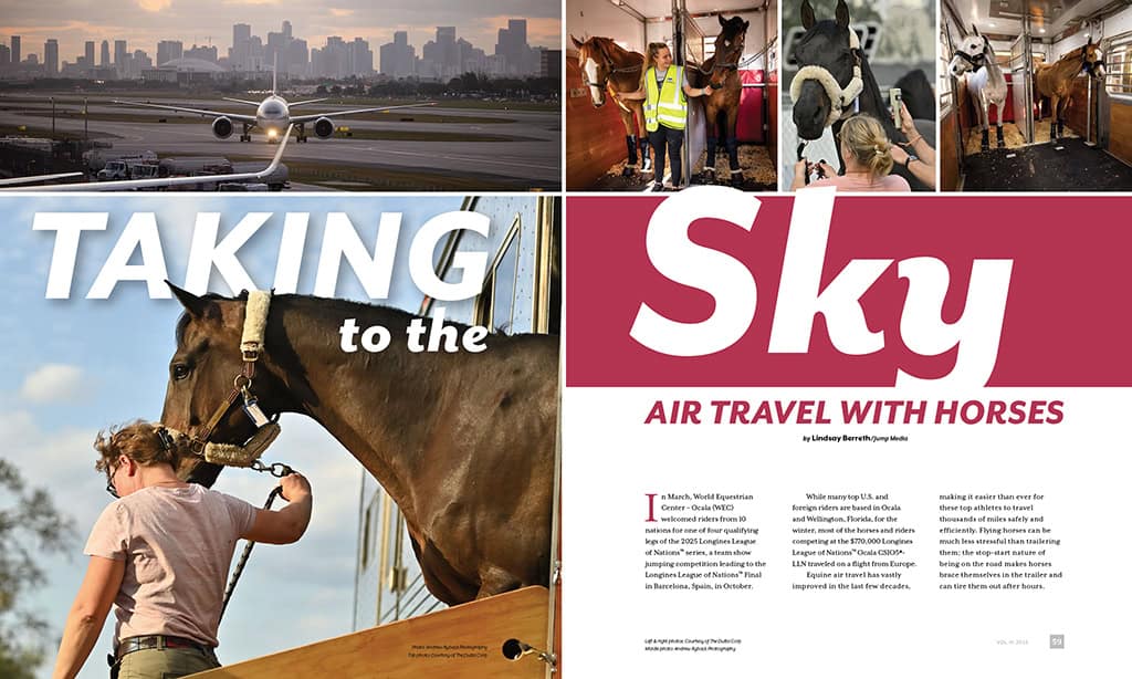 A collage shows horses being prepared for air travel, a plane taking off near a city skyline, and the headline "TAKING to the Sky: Air Travel with Horses.