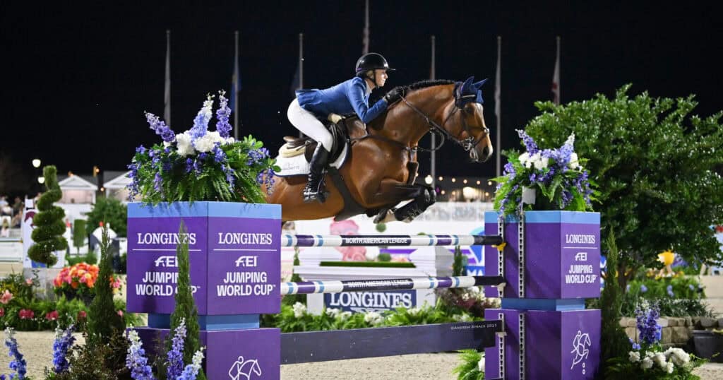 Equestrian rider and horse jump over a purple obstacle at a nighttime Longines FEI Jumping World Cup event, surrounded by flowers and greenery.
