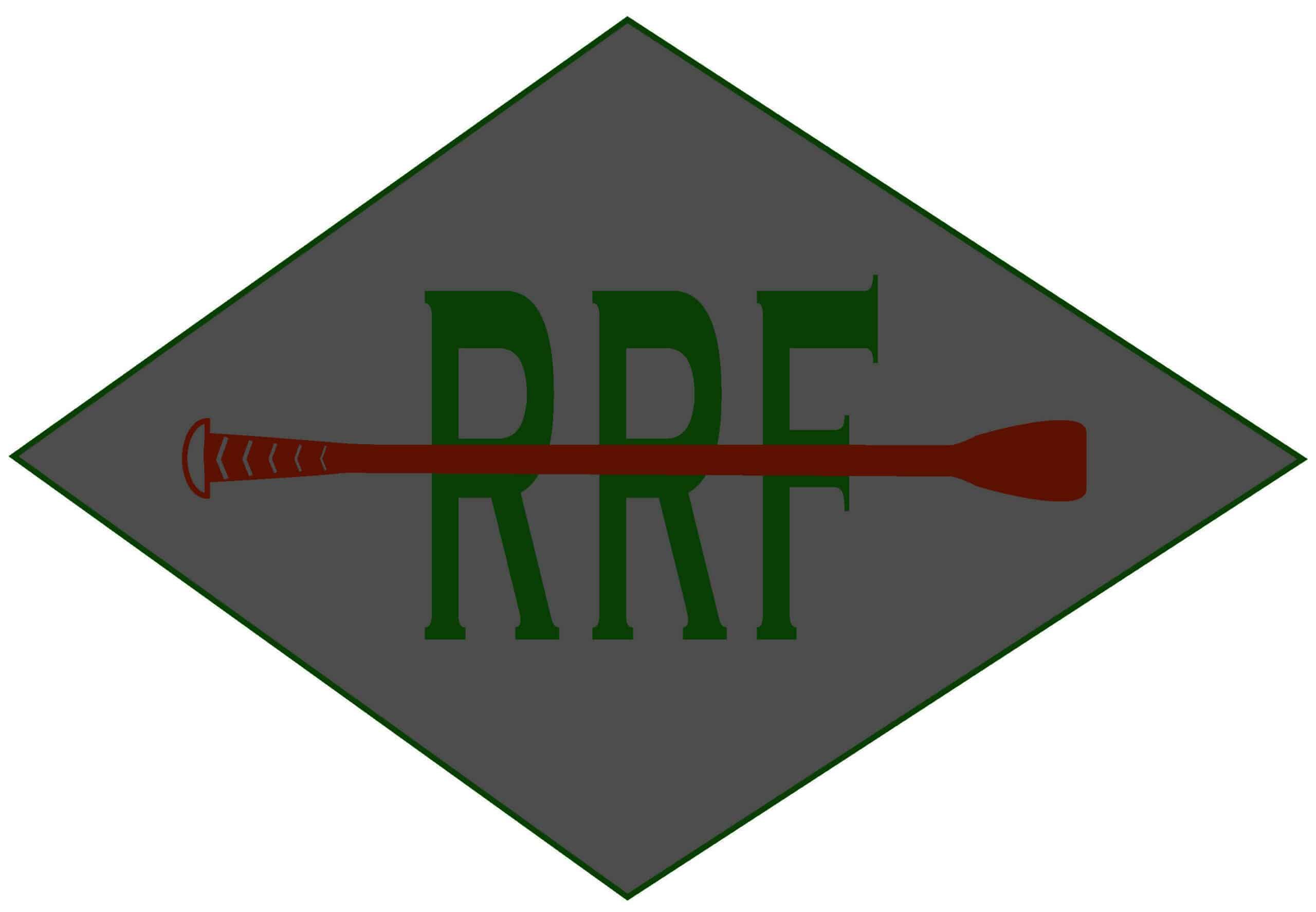 A dark gray diamond with green letters "RRF" and a brown rowing oar horizontally crossing through the text.