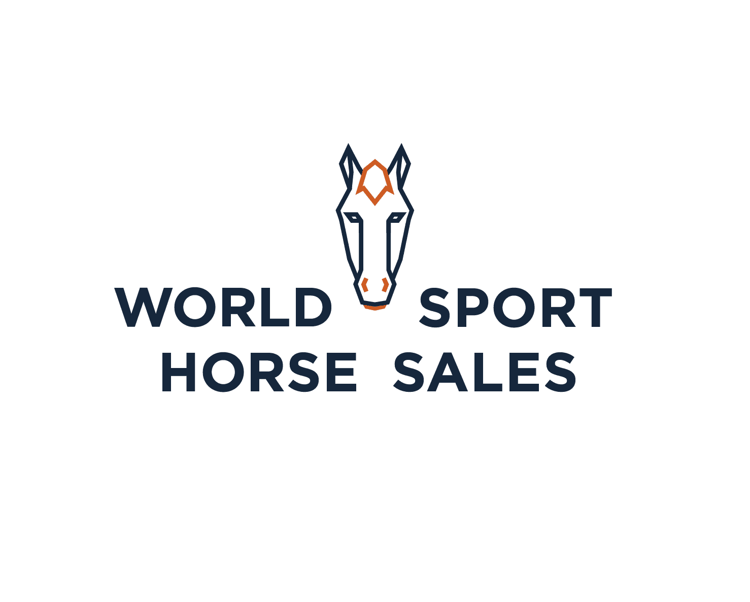 Logo with a minimalist horse head illustration above the words "World Sport Horse Sales" in bold, dark blue capital letters on a light background.