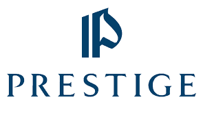 Dark blue stylized "P" logo above the word "PRESTIGE" in uppercase serif font on a white background.